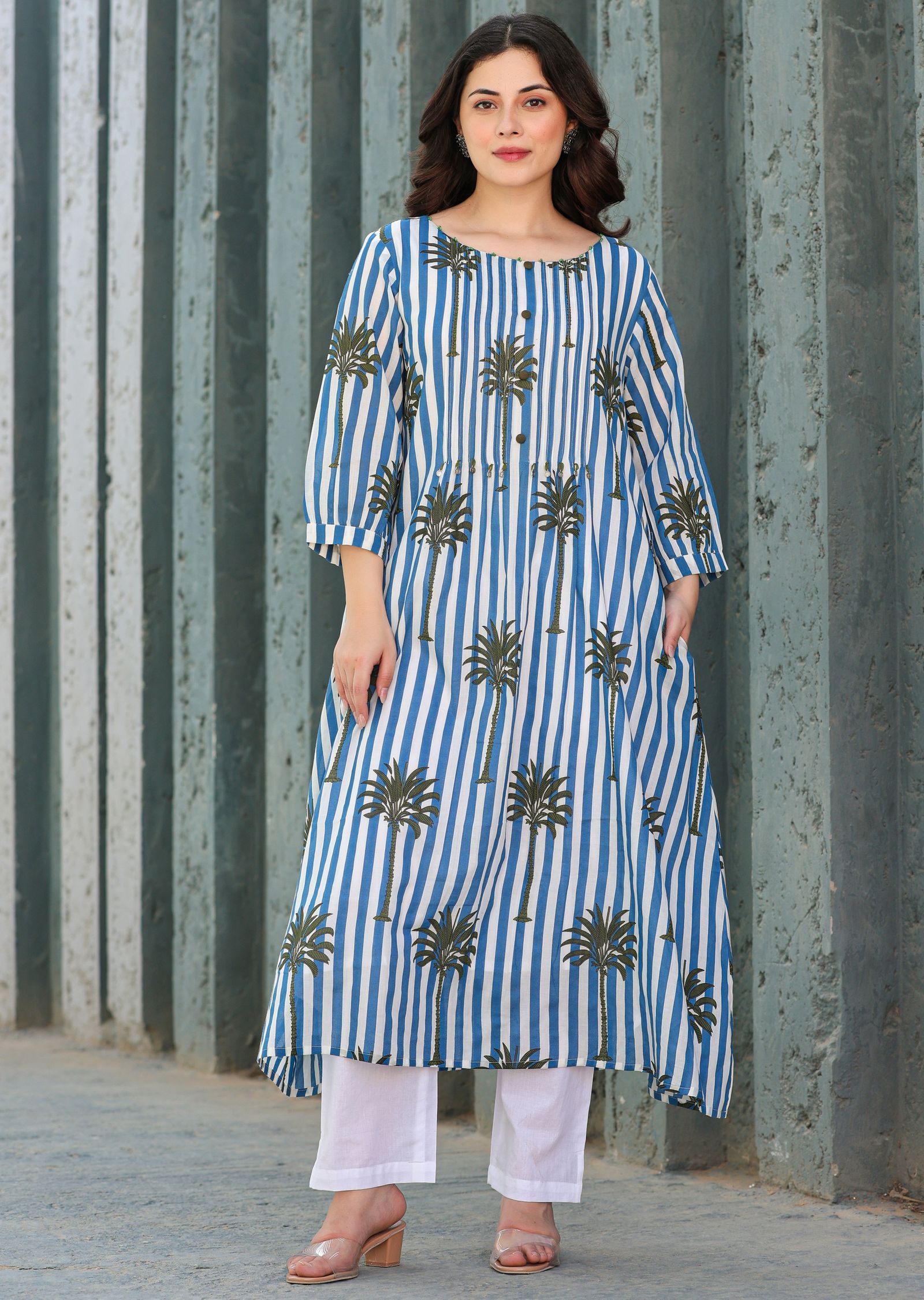 Navy Blue Cotton Straight Cut Kurti Set