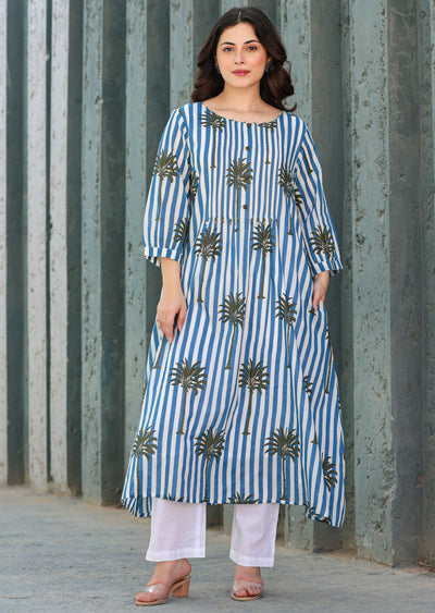 Navy Blue Cotton Straight Cut Kurti Set