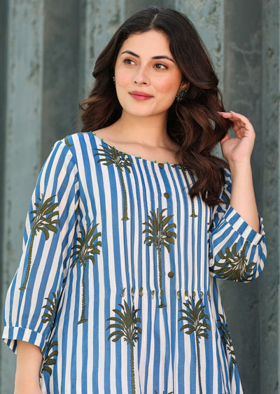 Navy Blue Cotton Straight Cut Kurti Set