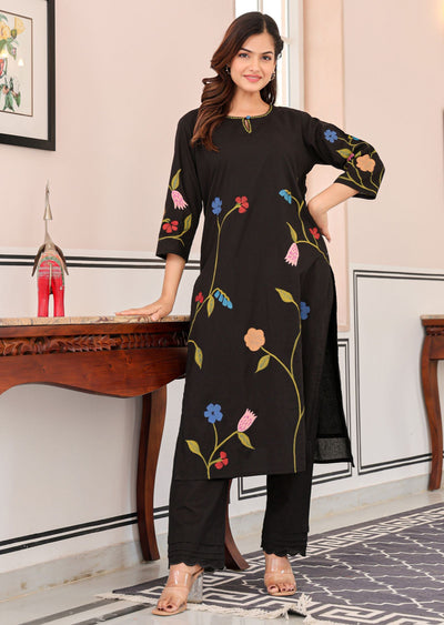 Black Cotton Straight Cut Kurti Set