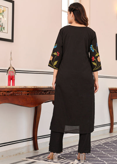 Black Cotton Straight Cut Kurti Set