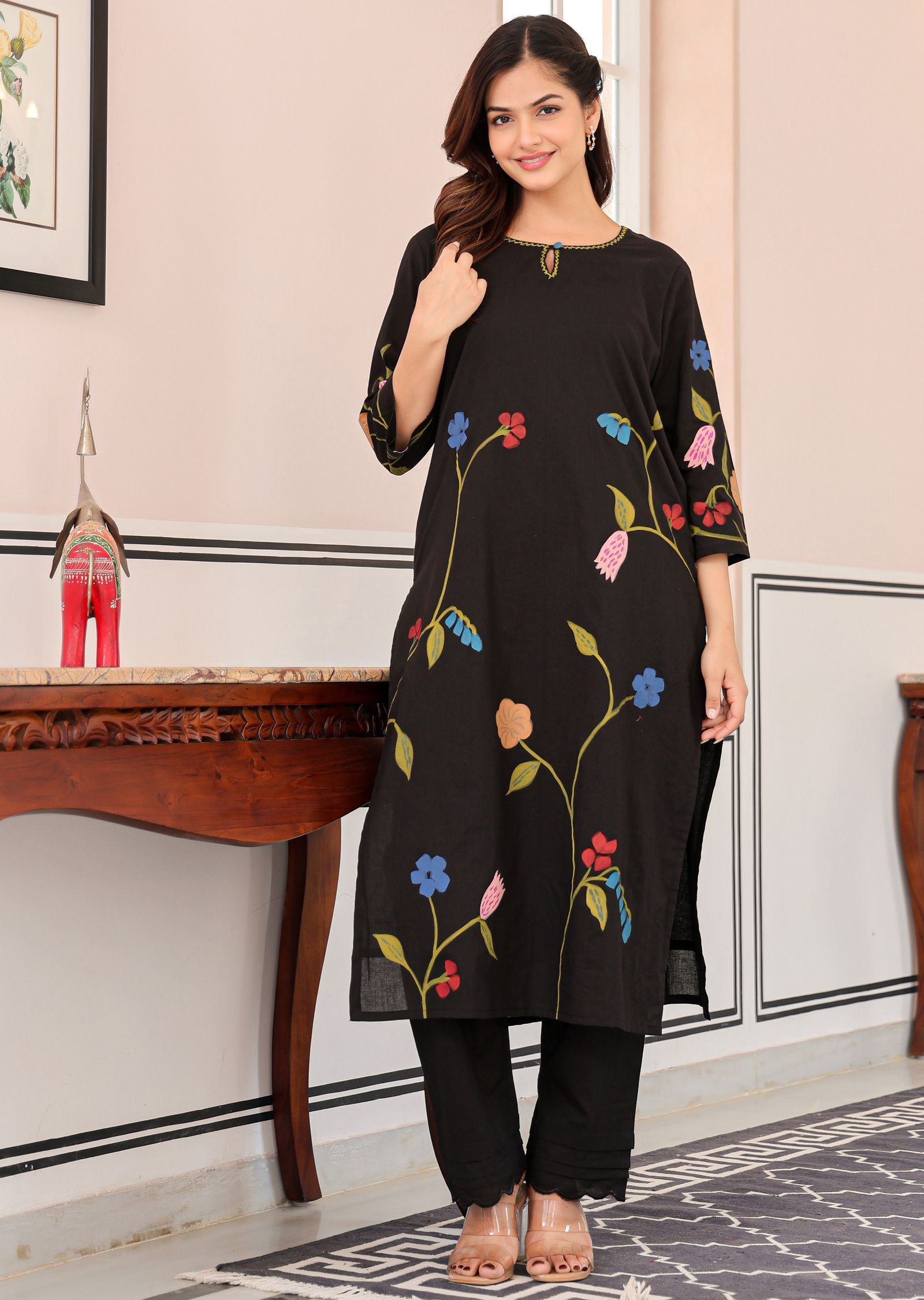 Black Cotton Straight Cut Kurti Set