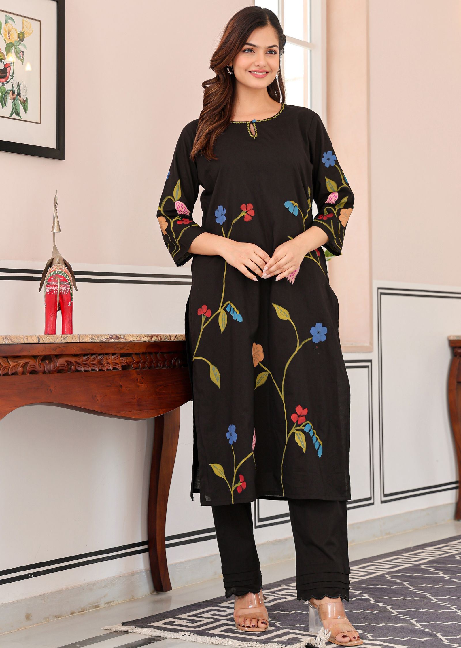 Black Cotton Straight Cut Kurti Set