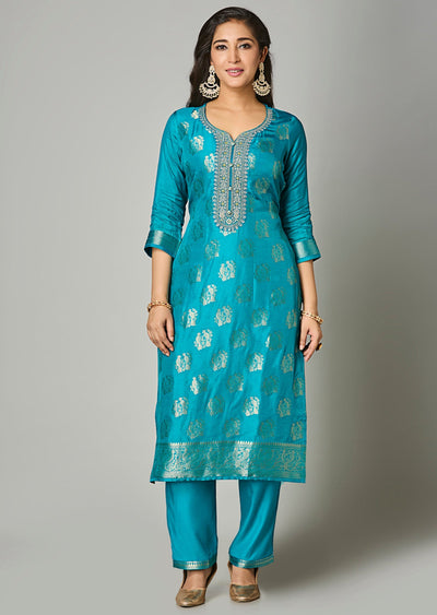 Rama Blue Silk Straight Cut Suit