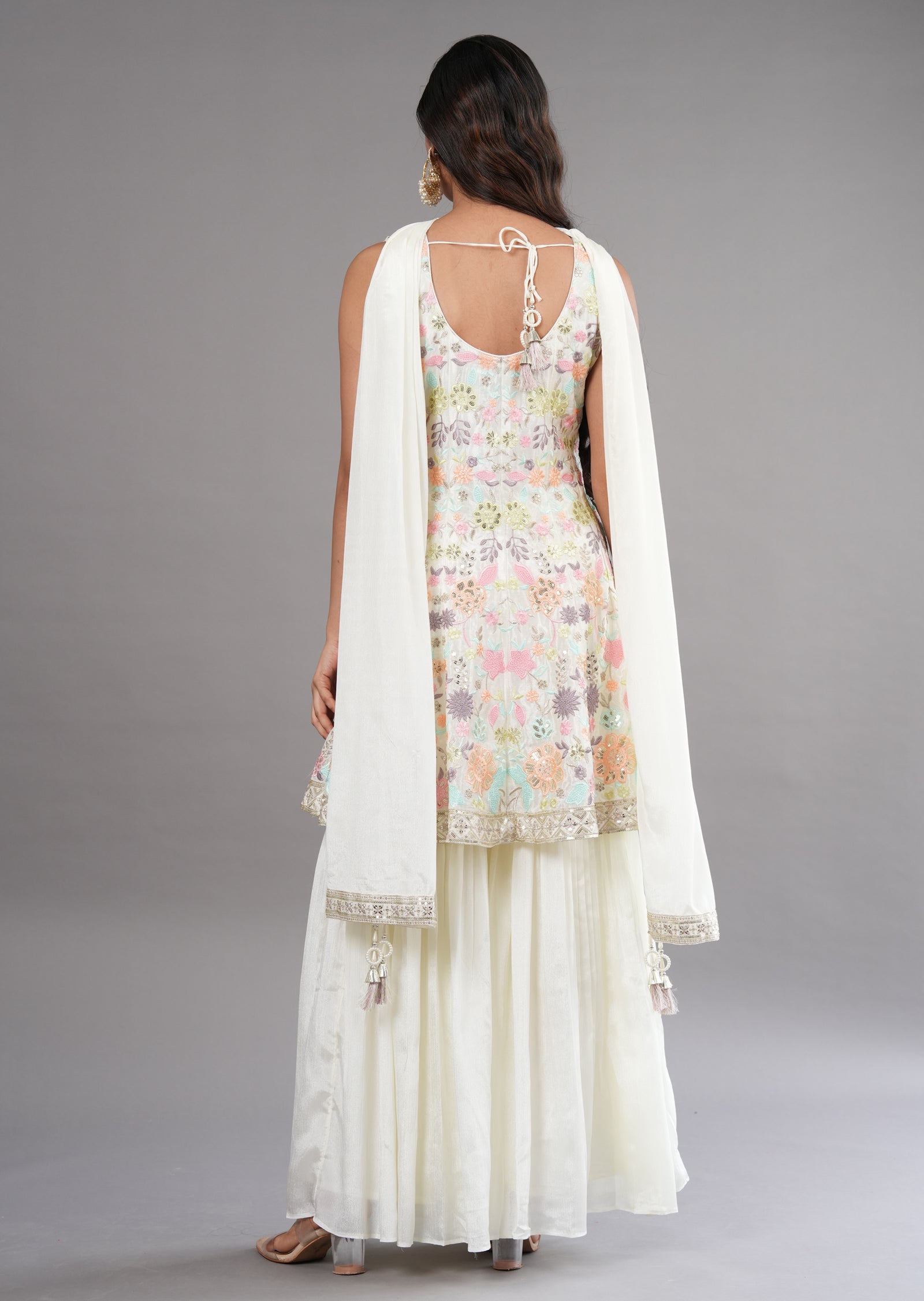 Cream Chinnon Shararas Ghararas Set