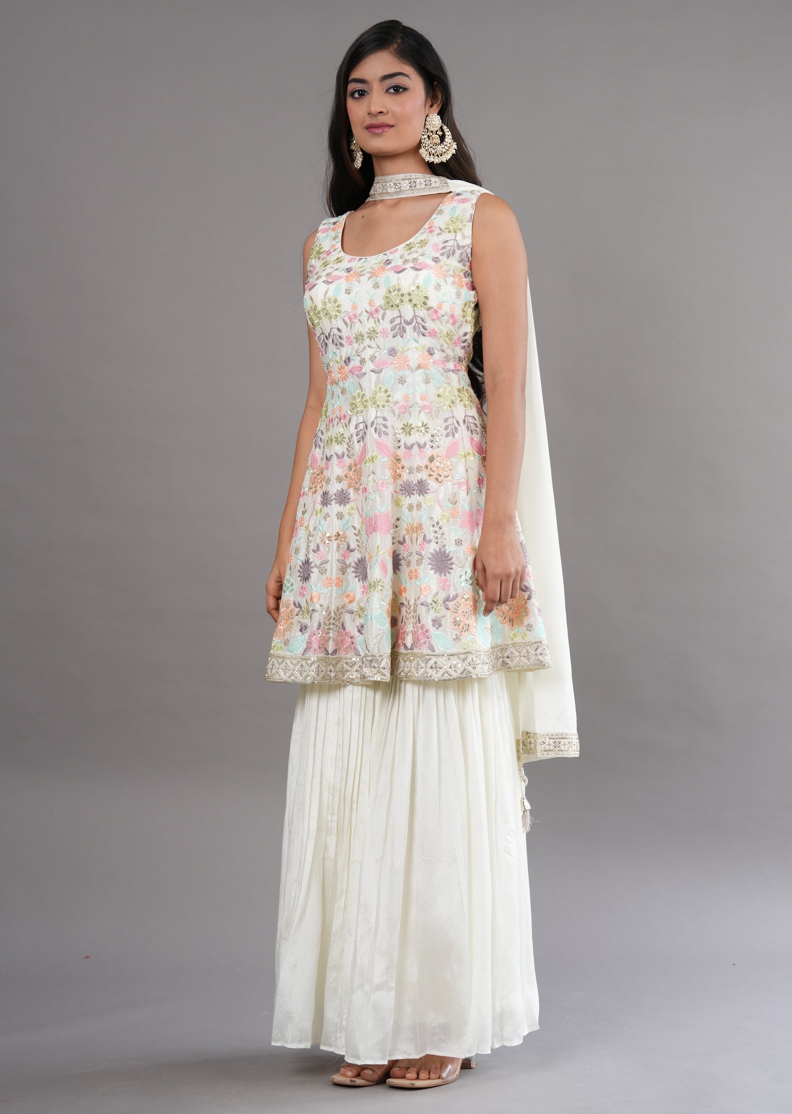 Cream Chinnon Shararas Ghararas Set