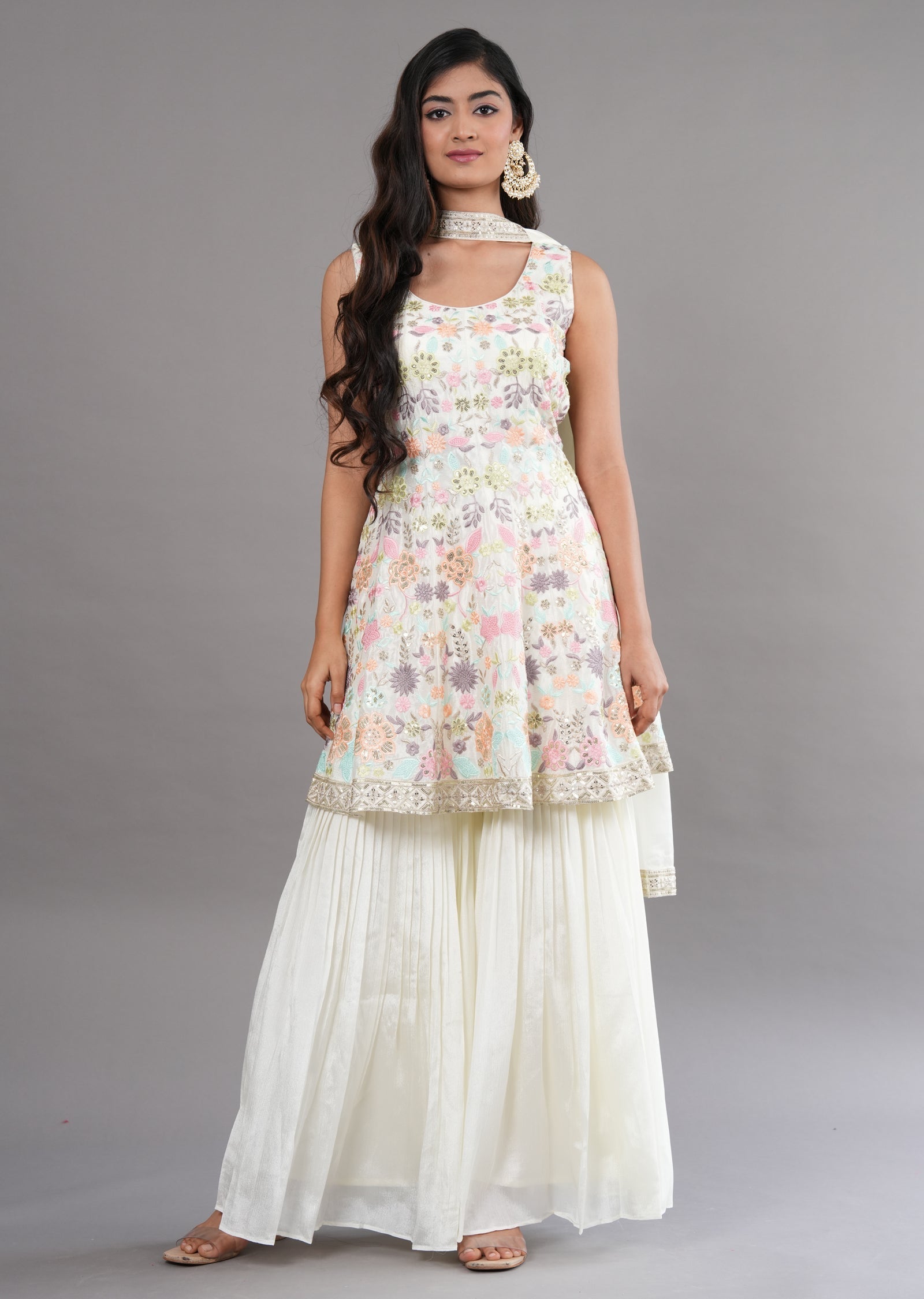 Cream Chinnon Shararas Ghararas Set