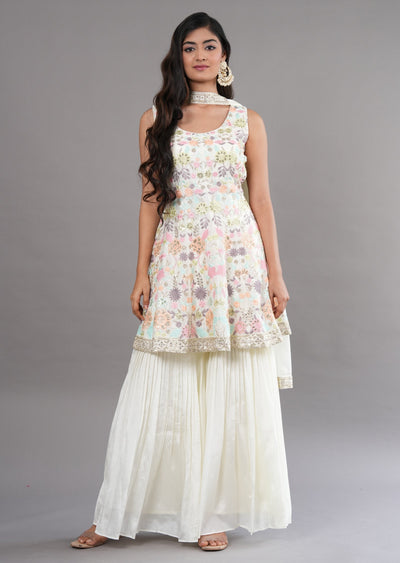 Cream Chinnon Shararas Ghararas Set