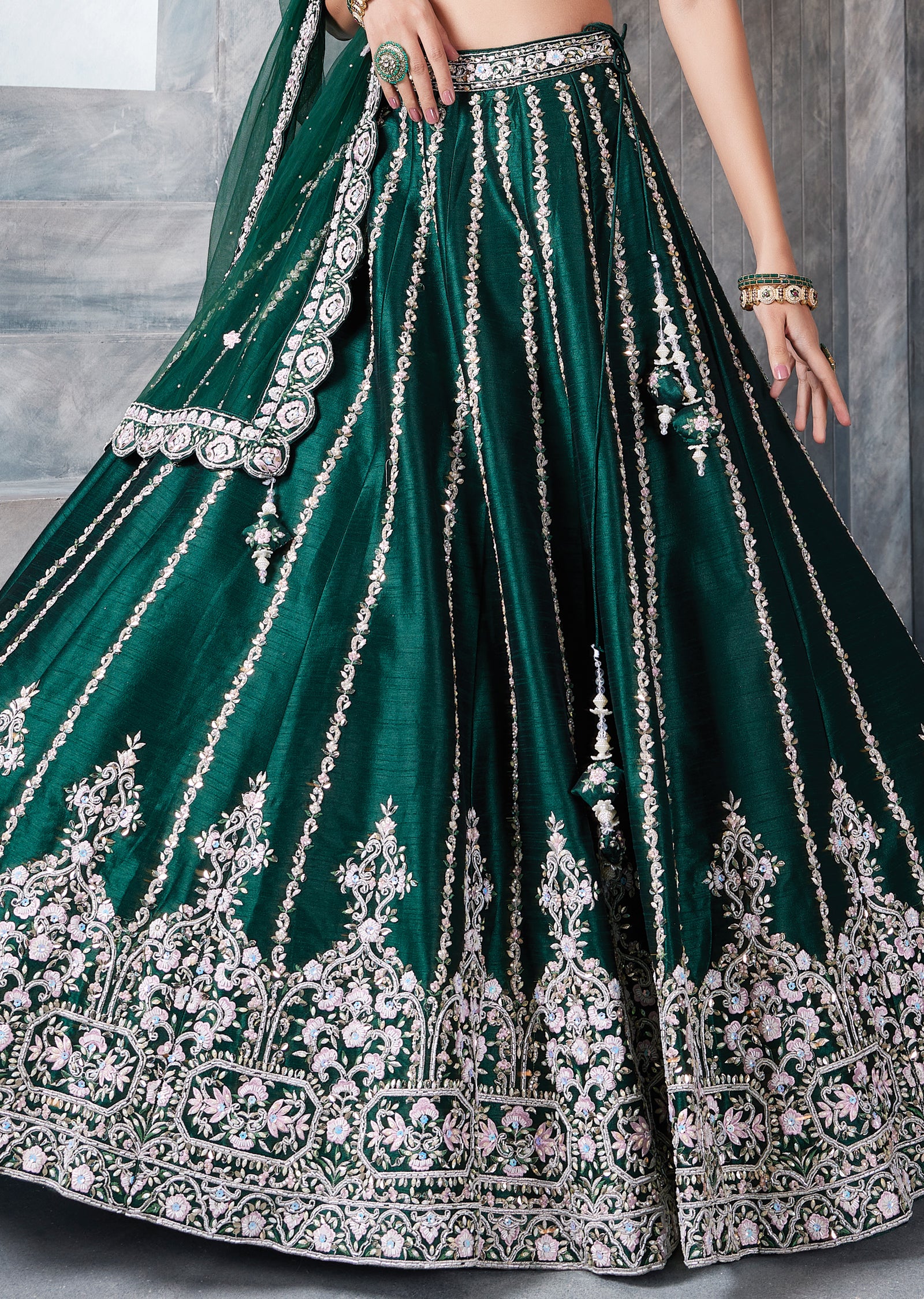 Bottle Green Raw Silk Lehenga Set