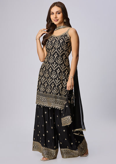 Black Silk Shararas Ghararas Set