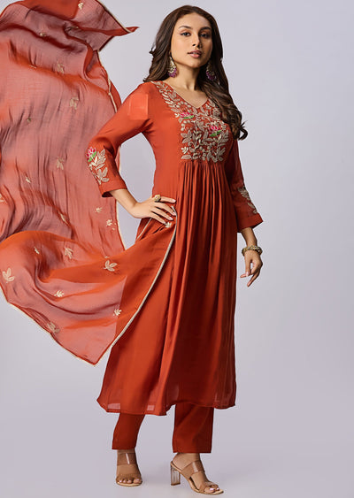 Rust Mul Chanderi Anarkali Suit