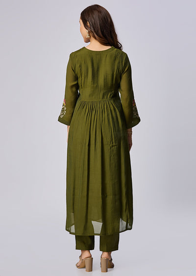 Mehendi Green Mul Chanderi Anarkali Suit