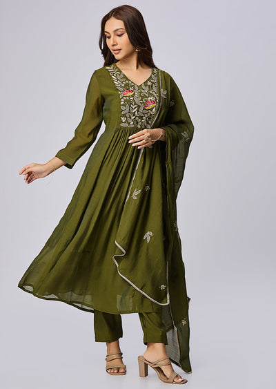 Mehendi Green Mul Chanderi Anarkali Suit