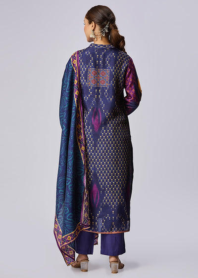 Navy Blue Dola Silk Straight Cut Suit