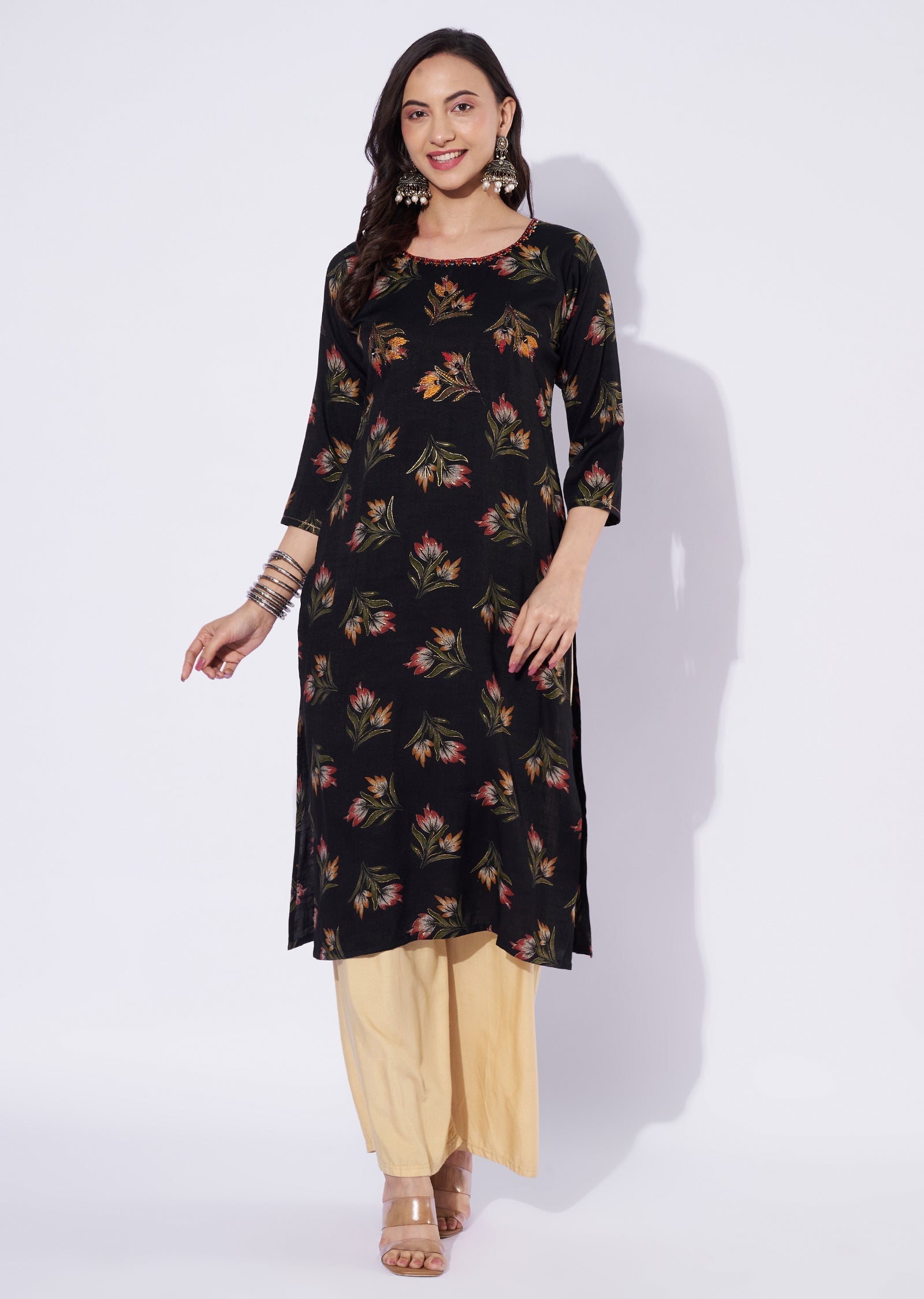 Black Cotton Straight Cut Kurti