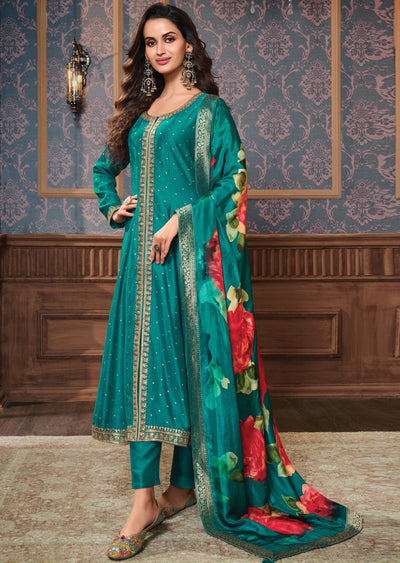 Rama Green Silk Anarkali Suit