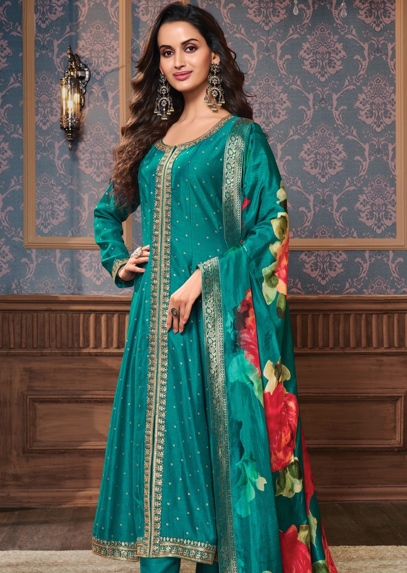 Rama Green Silk Anarkali Suit