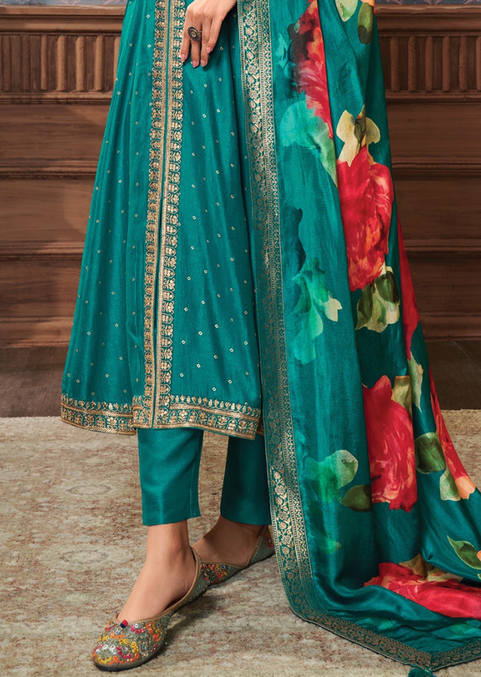 Rama Green Silk Anarkali Suit