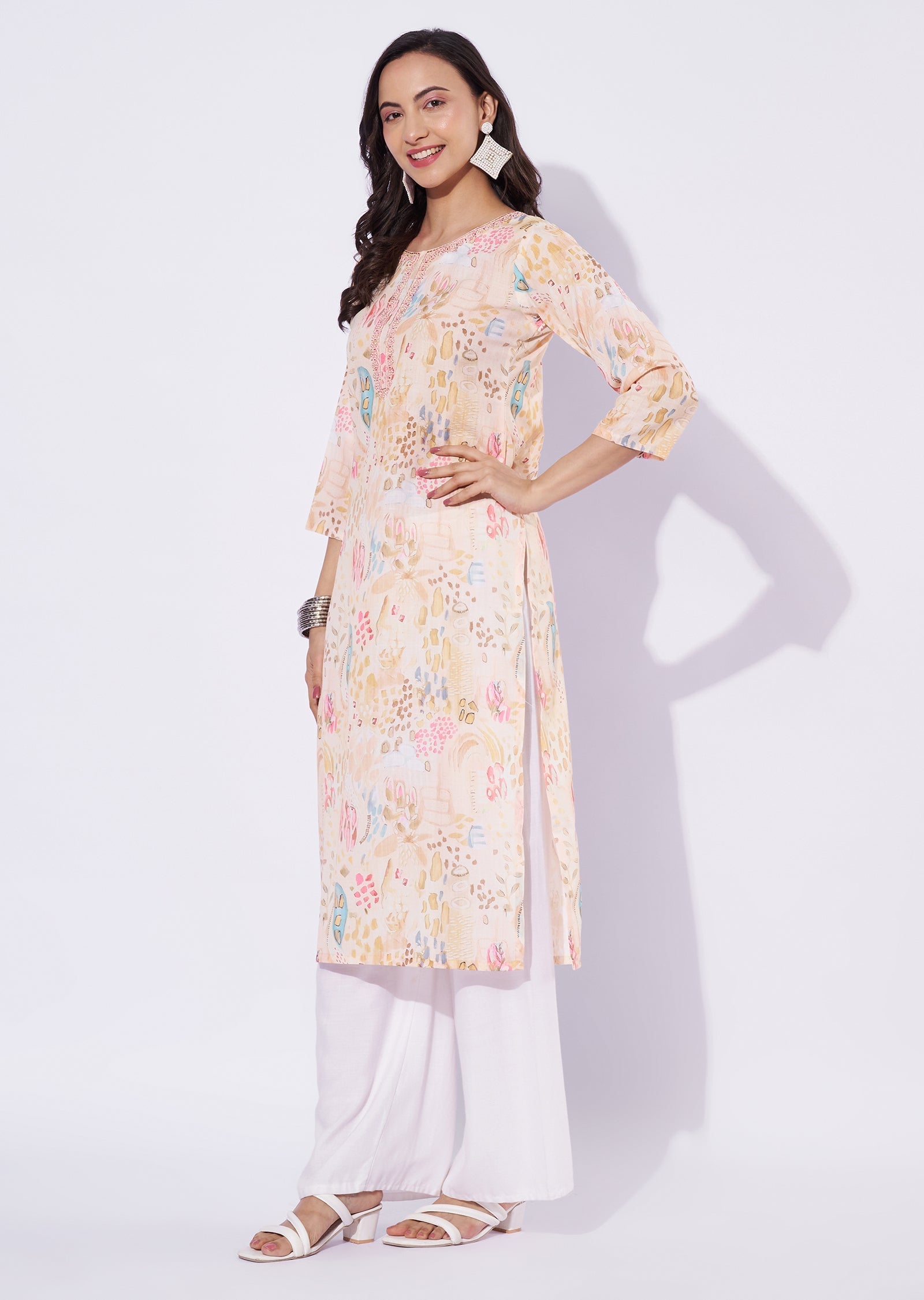 Light Yellow Linen Cotton Straight Cut Kurti