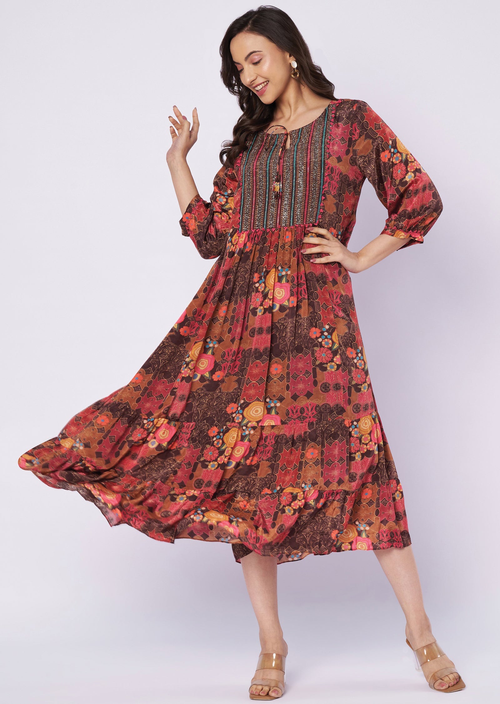 Printed brown crepe kurti