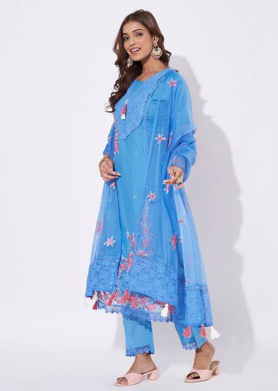 Blue Cotton Straight Cut Suit