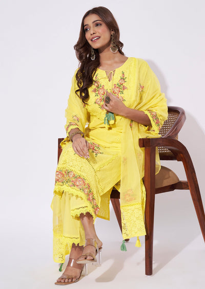 Yellow Cotton Straight Cut Suit