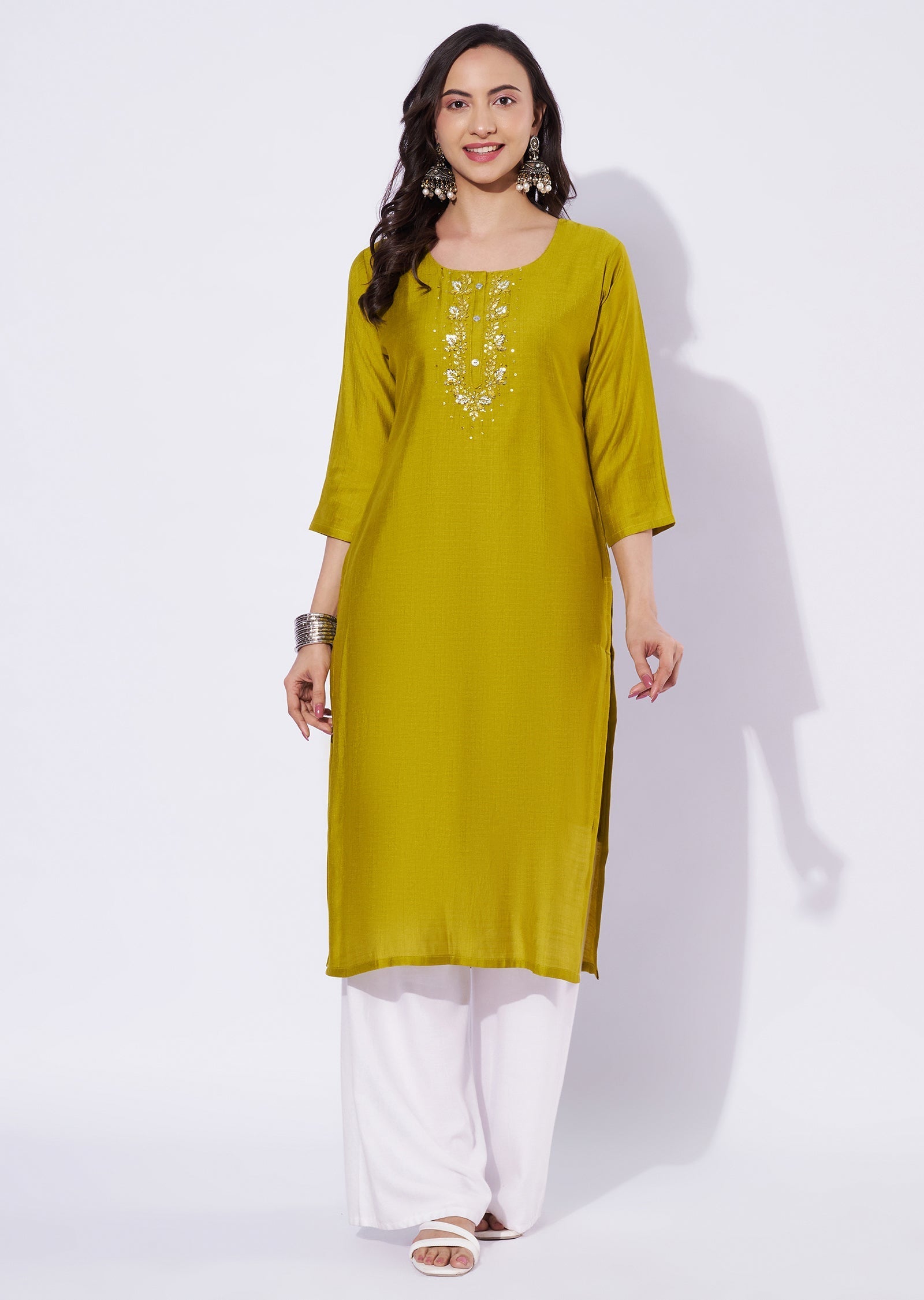 Lime Green Gold Straight Cut Kurti