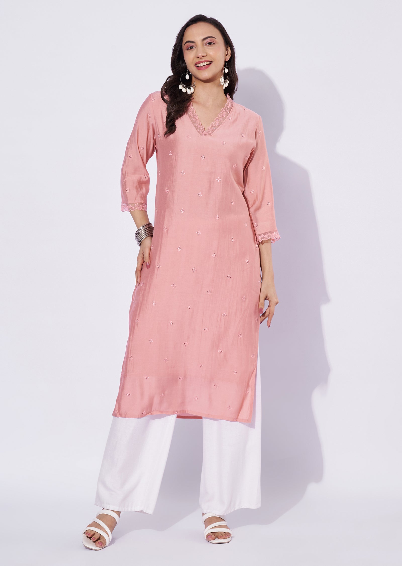 Peach Russian Silk Straight Cut Kurti