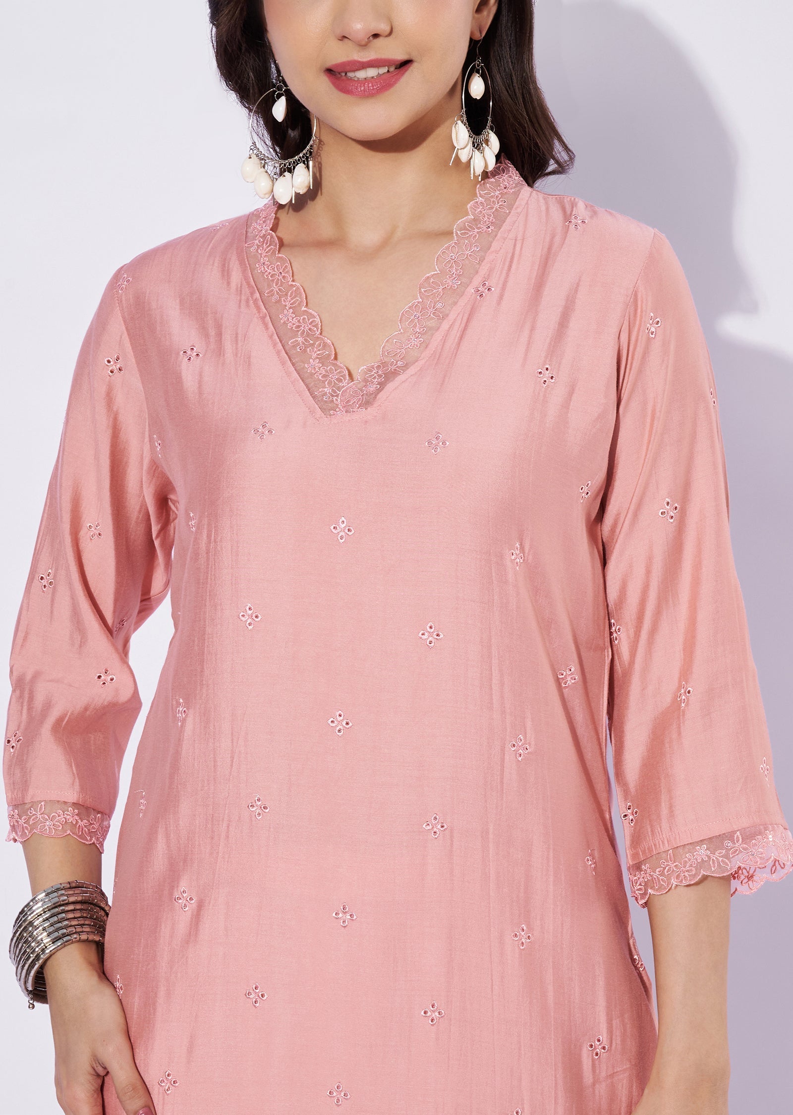 Peach Russian Silk Straight Cut Kurti