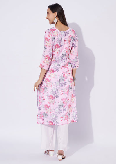 Baby Pink Linen Cotton Straight Cut Kurti