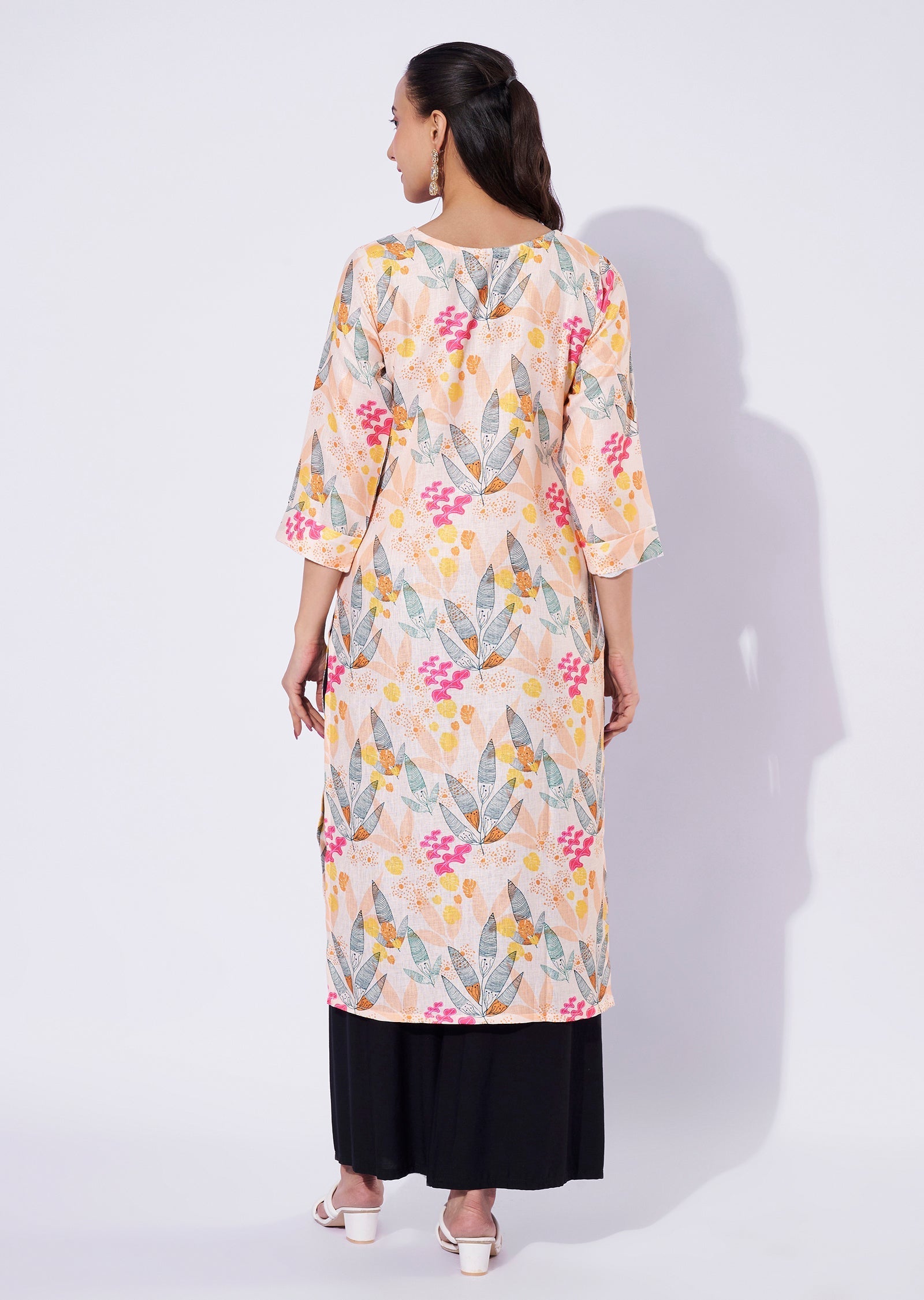 Light Yellow Linen Cotton Straight Cut Kurti