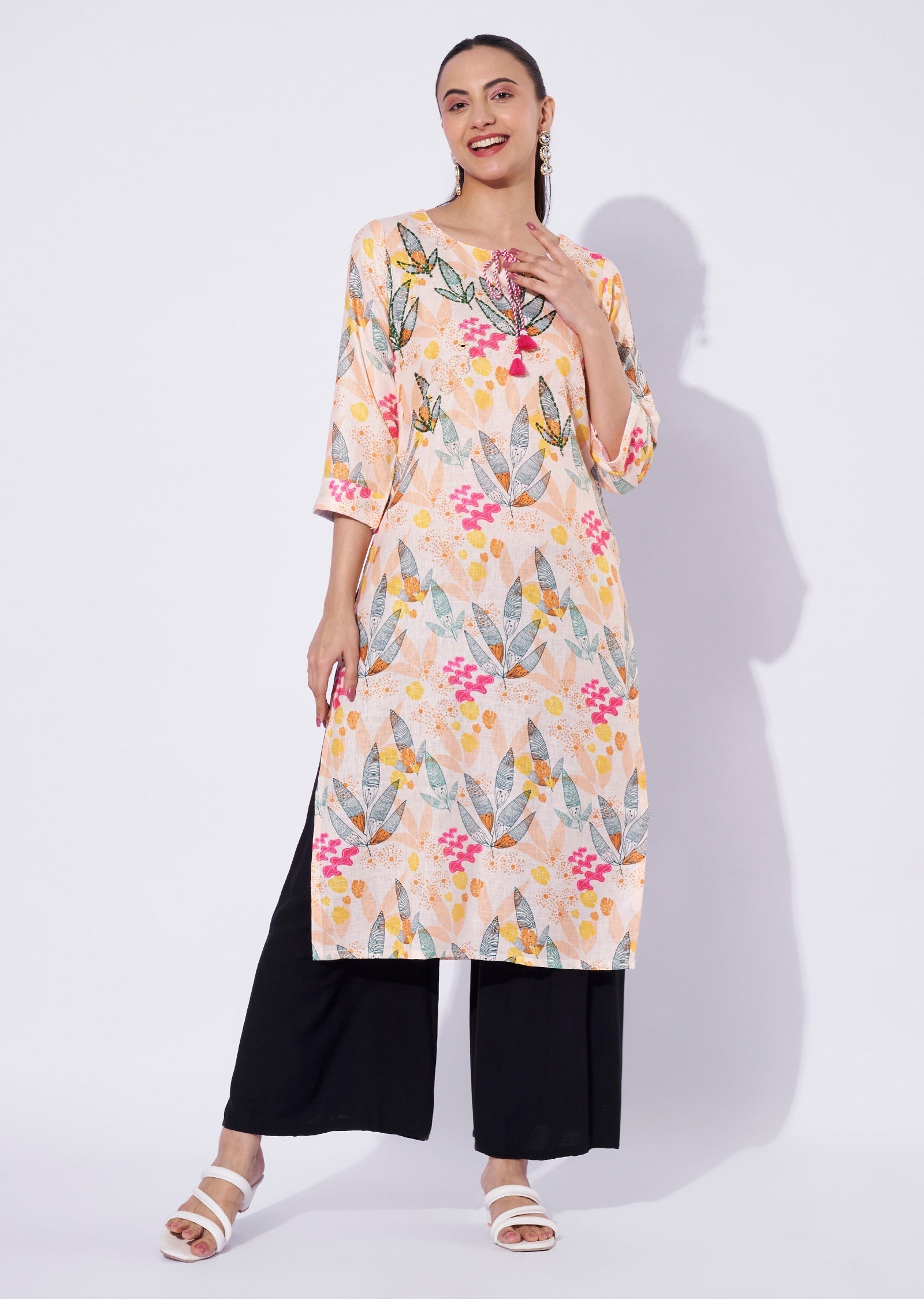 Light Yellow Linen Cotton Straight Cut Kurti