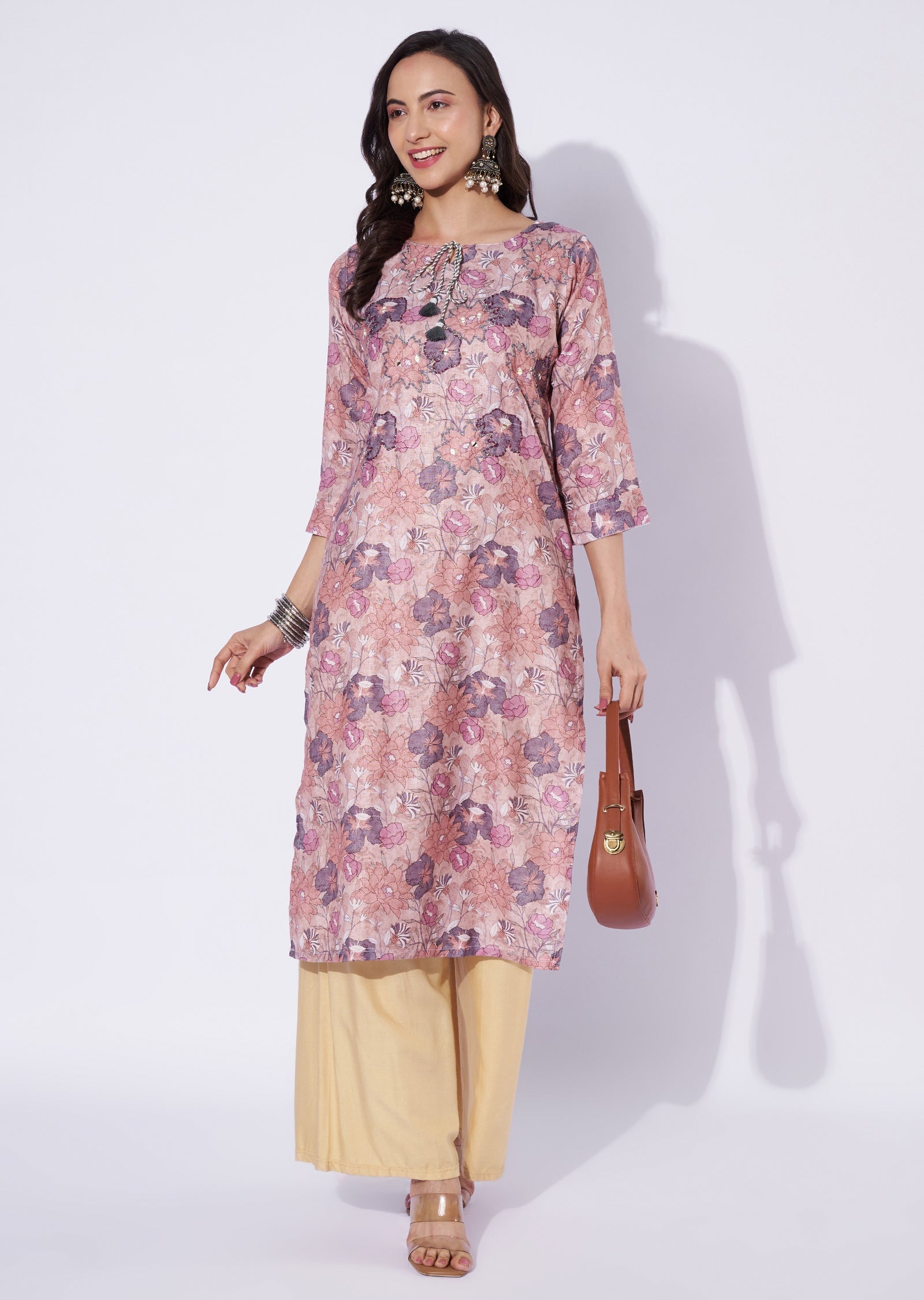 Light Brown Linen Cotton Straight Cut Kurti