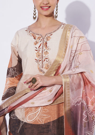 Beige Chanderi Straight Cut Suit