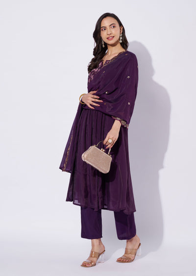 Wine Mul Chanderi Anarkali Suit