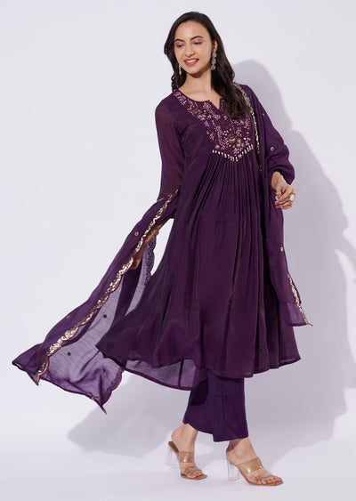 Wine Mul Chanderi Anarkali Suit