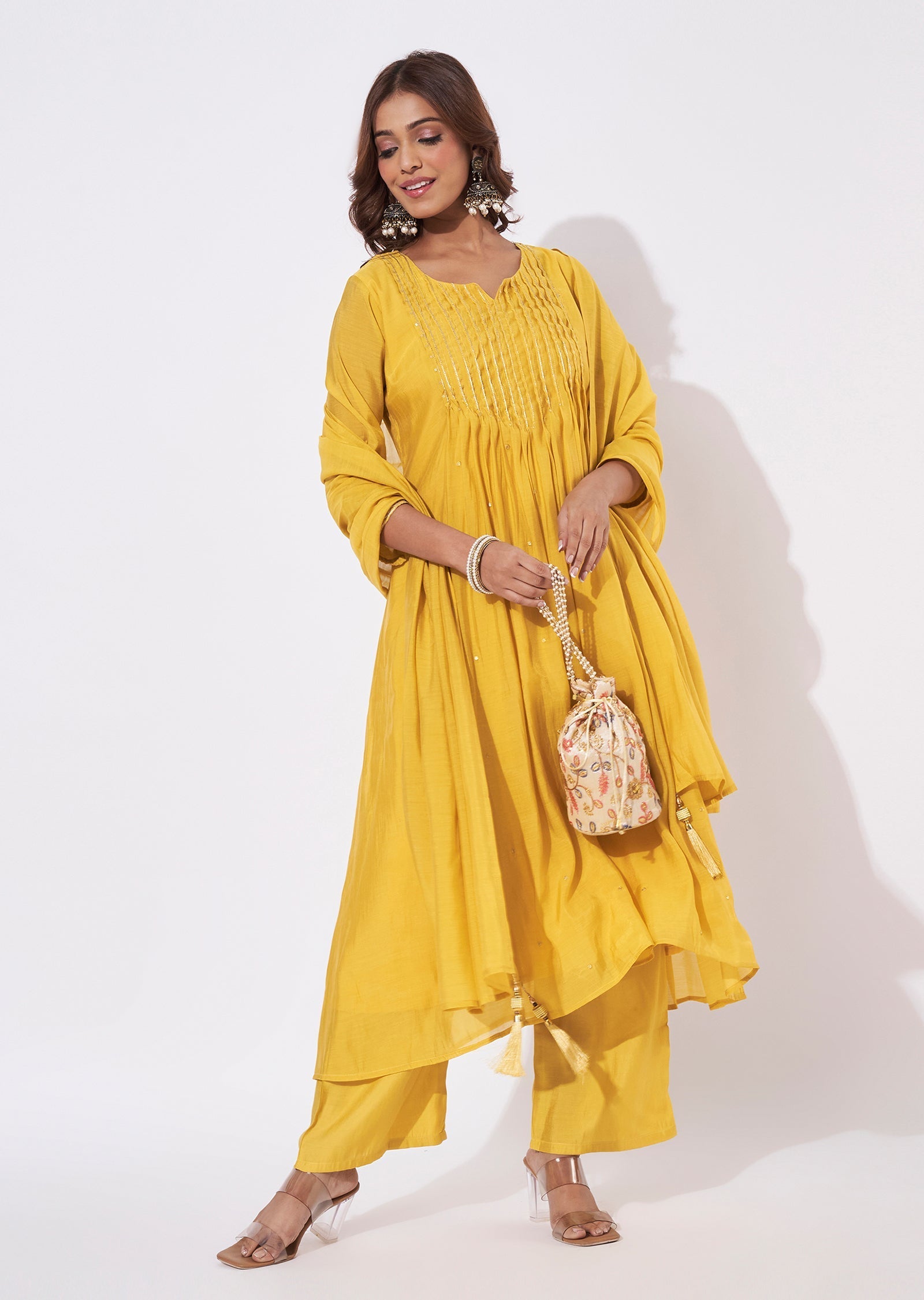 Mustard Mal Chanderi Anarkali Suit