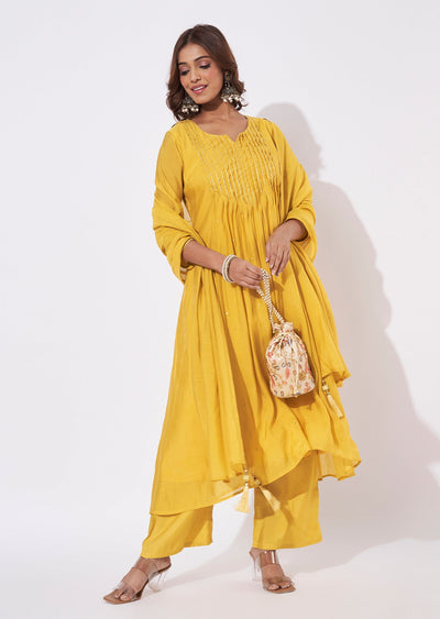 Mustard Mal Chanderi Anarkali Suit