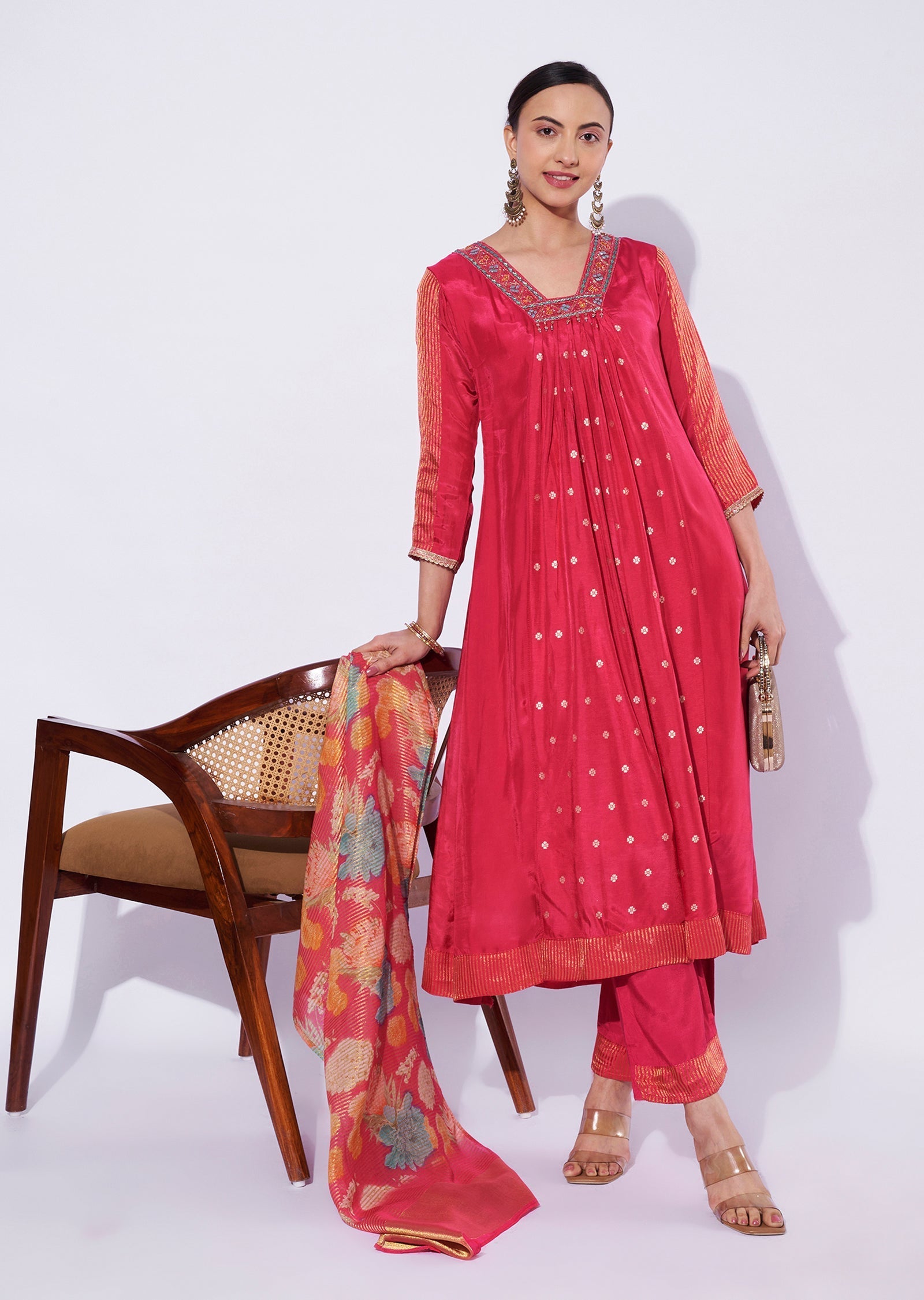 Rani Pink Banaras Anarkali Suit