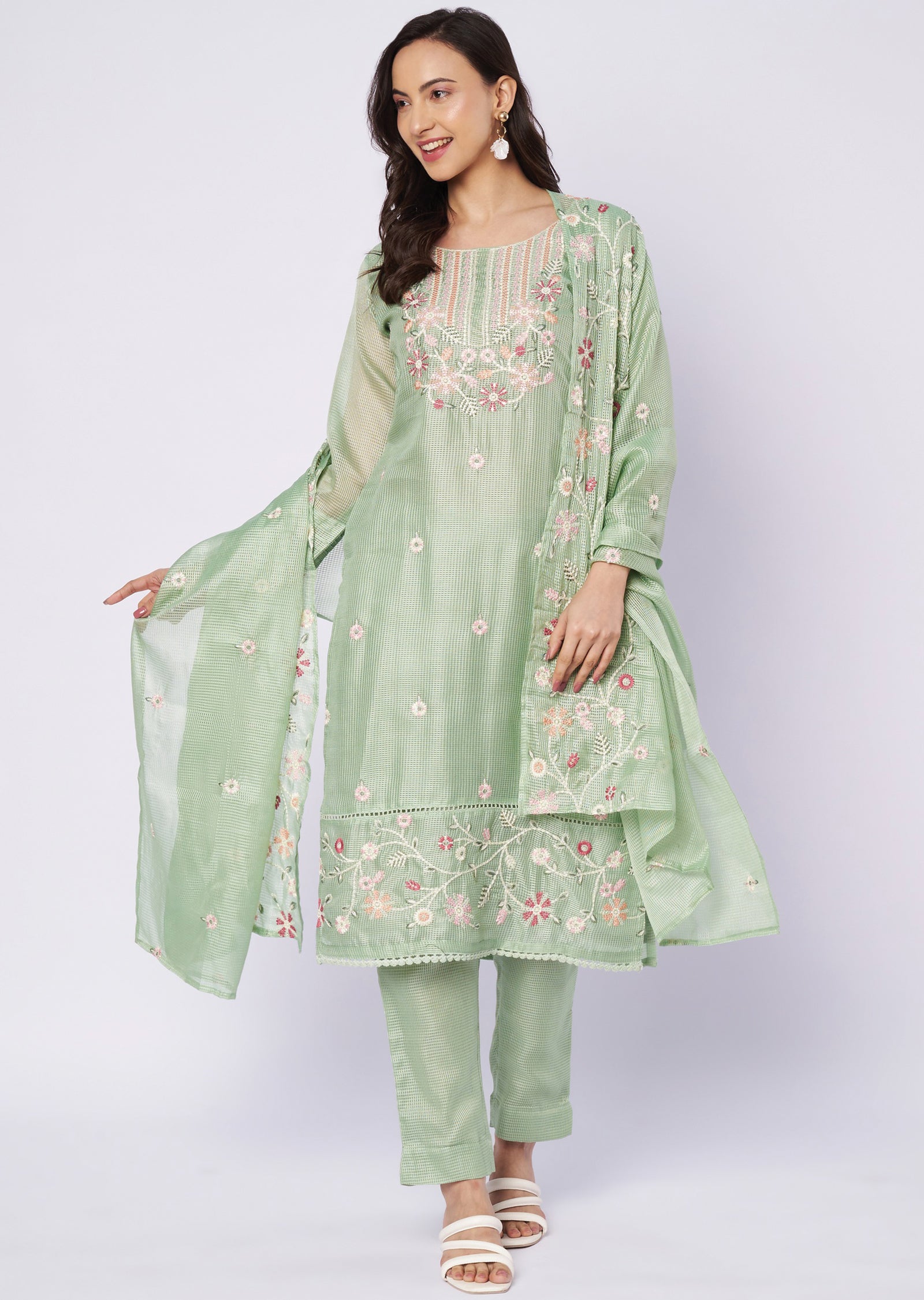 Light green Kota straight cut kurti set