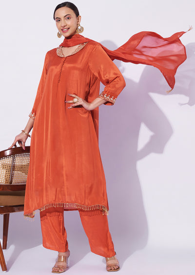 Rust Chinnon Tail-Cut Kurti Set