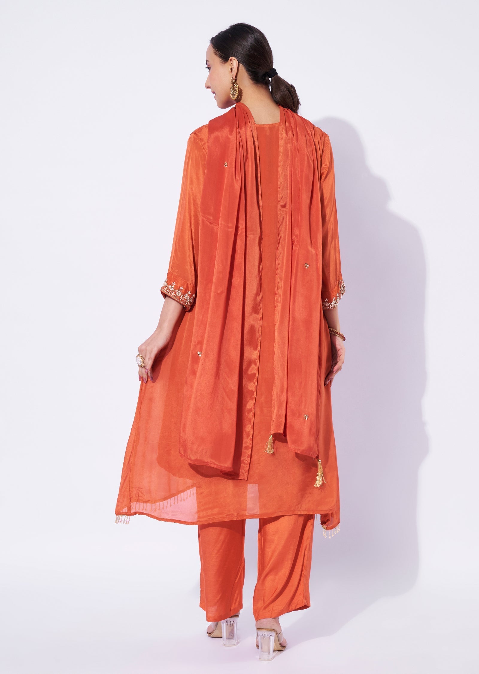 Rust Chinnon Tail-Cut Kurti Set