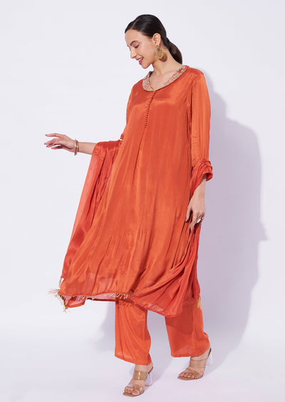 Rust Chinnon Tail-Cut Kurti Set