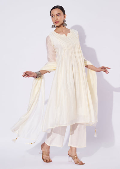 Cream Mul Chanderi Anarkali Suit