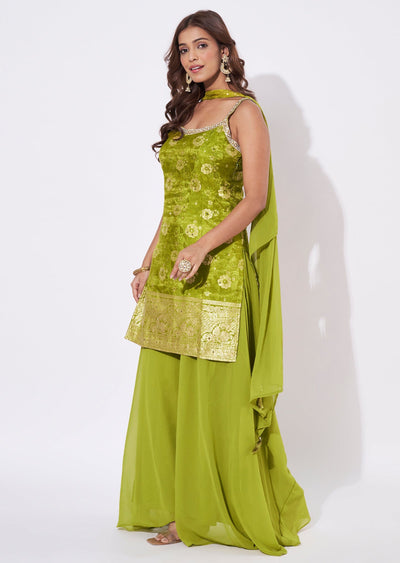 Mehendi Green Chinnon Straight Cut Suit