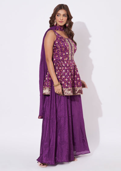 Wine Organza Straight Cut Suit