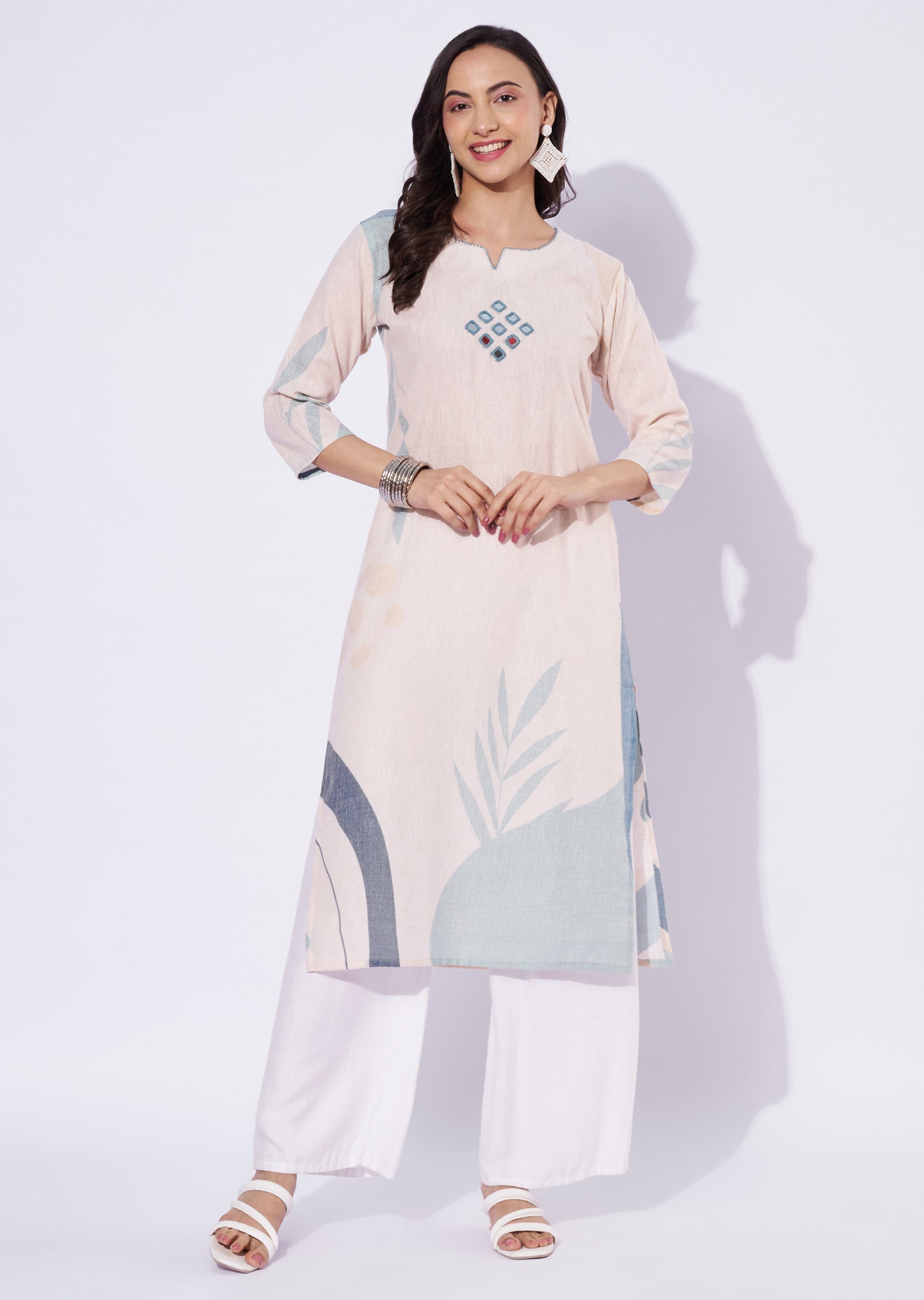 Cream Cotton Straight Cut Kurti