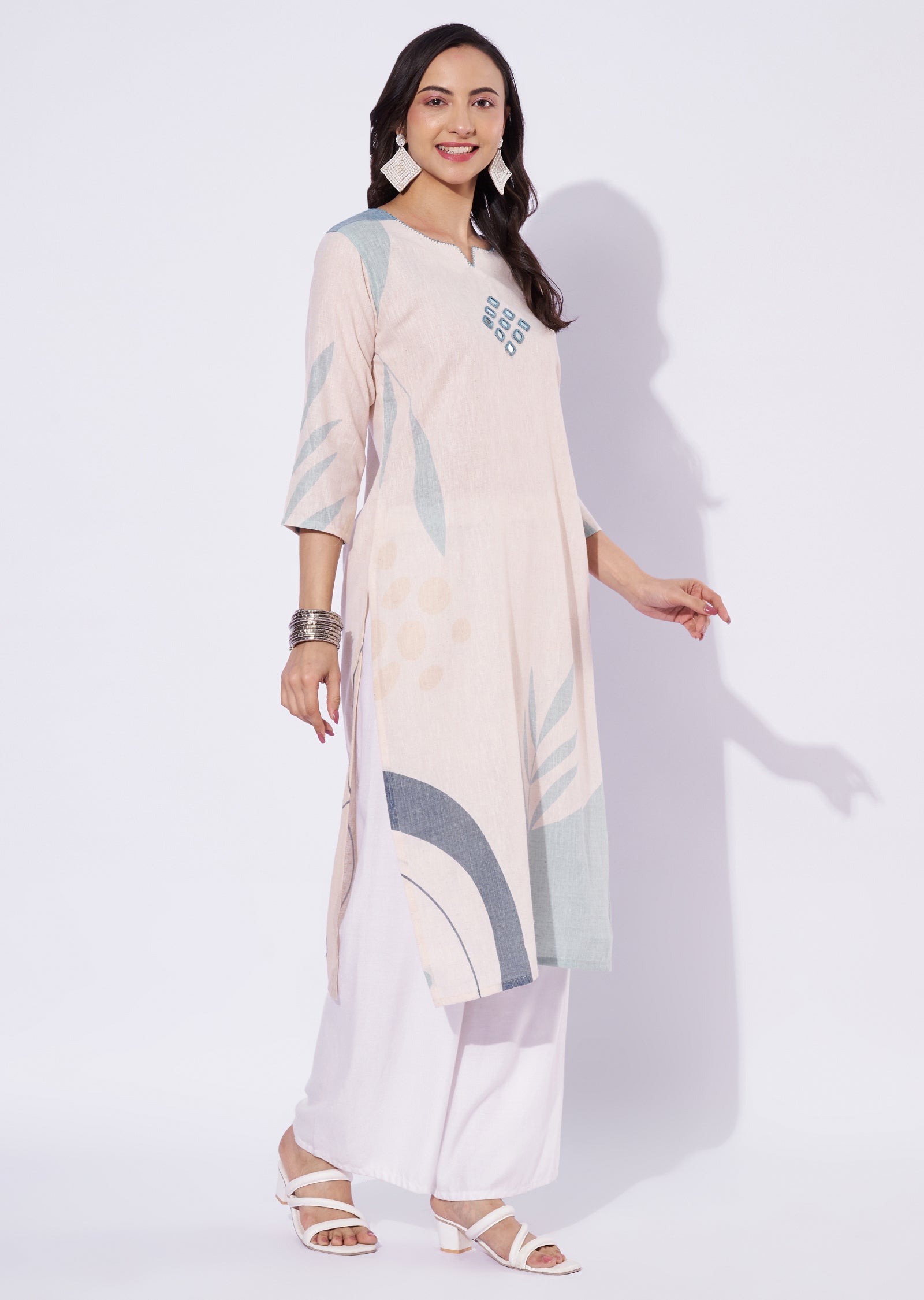 Cream Cotton Straight Cut Kurti