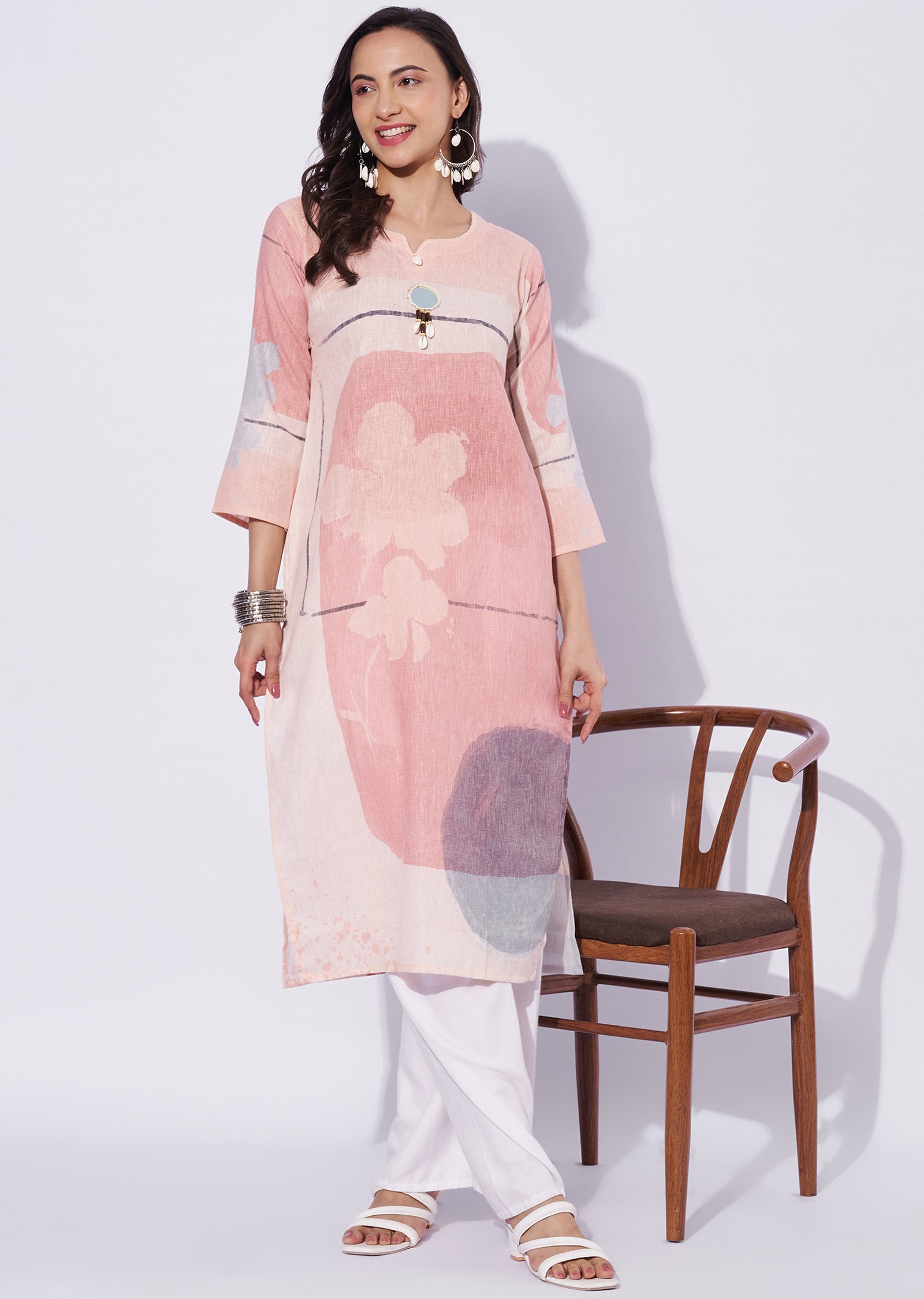 Peach Cotton Straight Cut Kurti