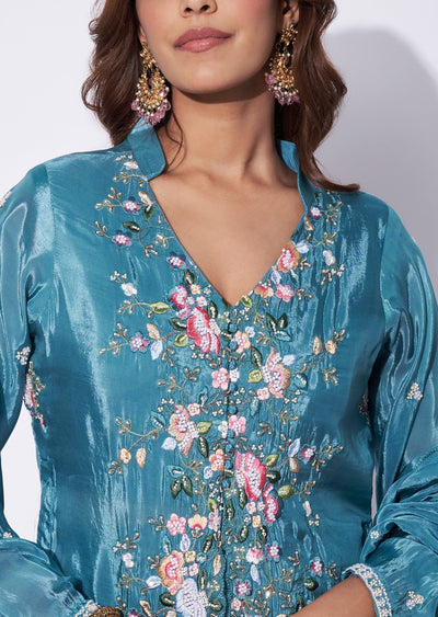 Dusty Blue Silk Anarkali Suit